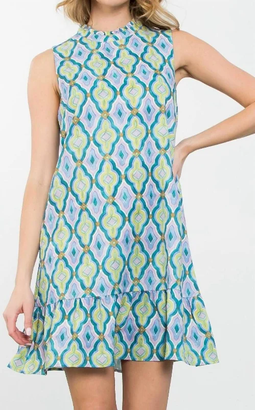 Women's Resort Garments Parisian Effortless Chic Style Sleeveless Pattern Dress In Light Blue