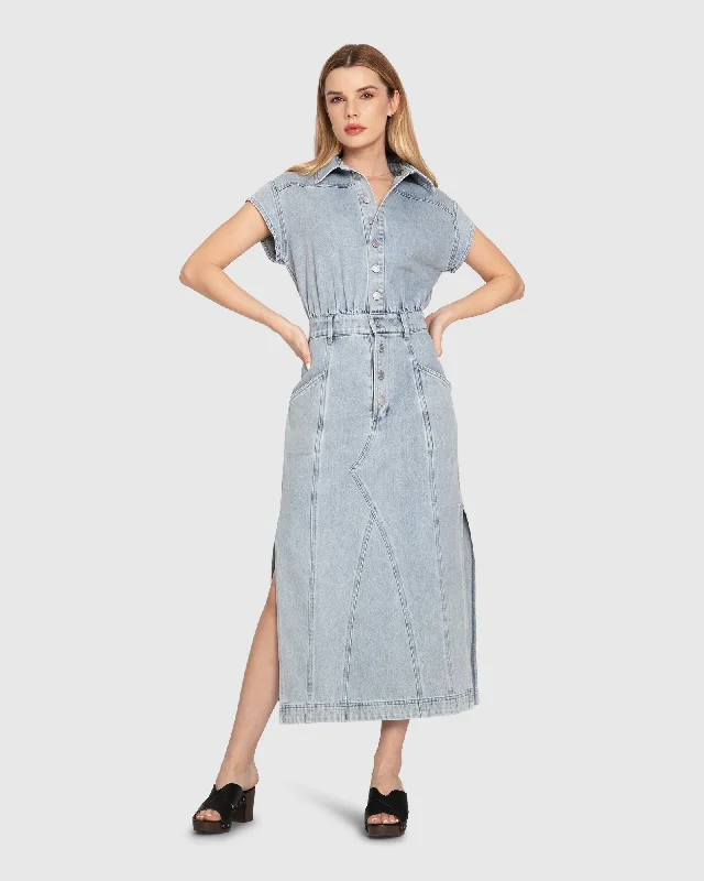 Comfortable Outfit For Women Flowy Fabric Sundown Denim Midi Shirt Dress