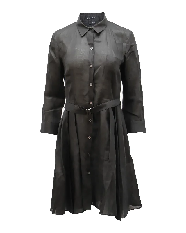 Stylish Outerwear Clothing For Women Classic Timeless Elegant Style Theory Belted Shirt Dress in Black Linen