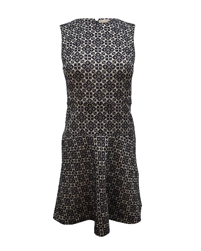 Women's Cozy Winter Attire Everyday Glamour Tory Burch Geometric Embroidered Sleeveless Dress in Black and White Cotton