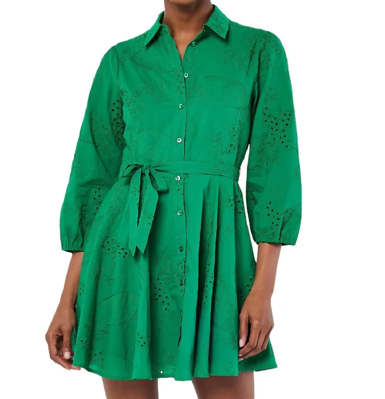 Charming Women's Garments Feminine Flow Tropical Embroidery Swing Long Sleeve Dress In Green