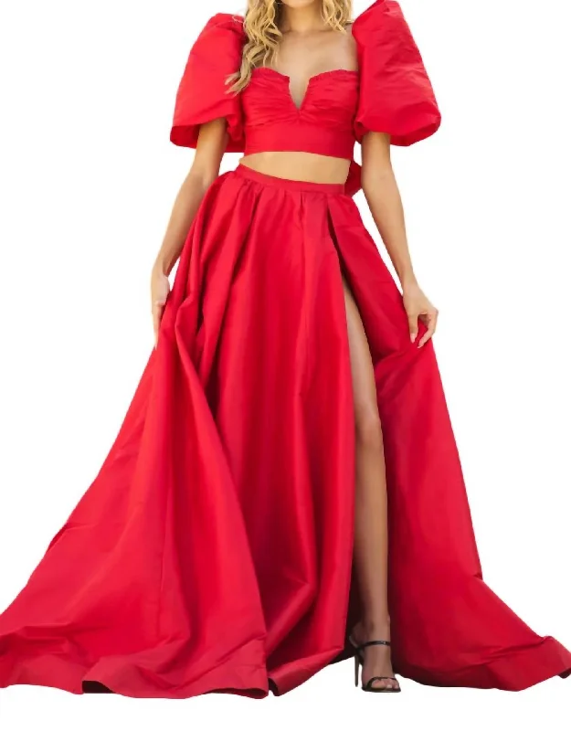 Elegant Women's Attire Vintage Retro Party Wear Two Piece Taffeta Gown In Red