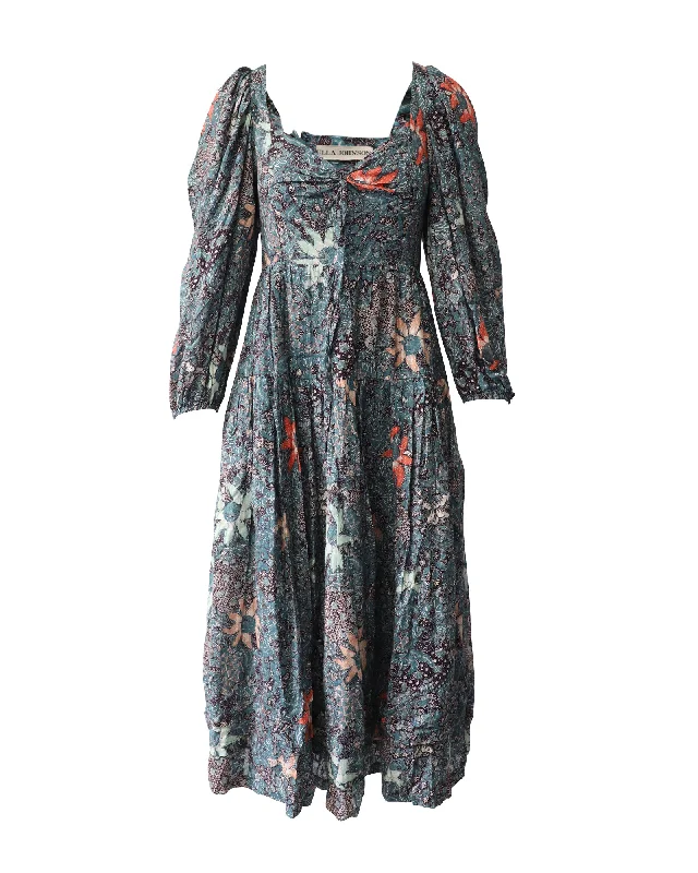 Modern Women's Apparel Dreamy Draping Ulla Johnson Kemala Floral Print Midi Dress in Multicolor Cotton