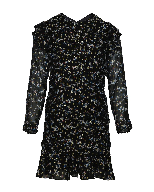 Women's Evening Outfit Classic Timeless Elegant Style Veronica Beard Parc Ruched Floral Dress in Black Print Silk