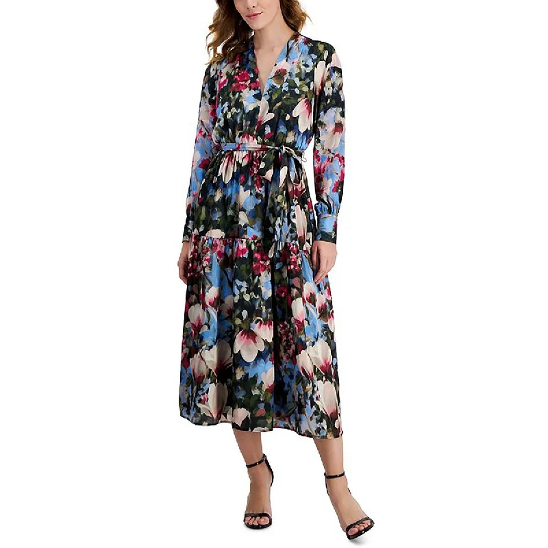 Women's Clothing Art Deco Geometric Pattern Look Womens Satin Floral Midi Dress