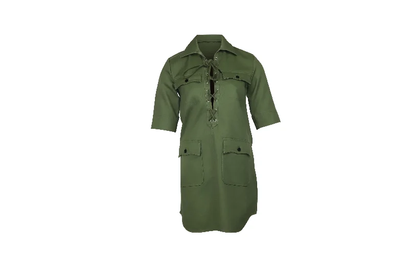 Women's Urban Clothing Hollywood Glam Award - Show Style Zadig & Voltaire Record Brodé Tigre Shirt Dress in Khaki Green Cotton