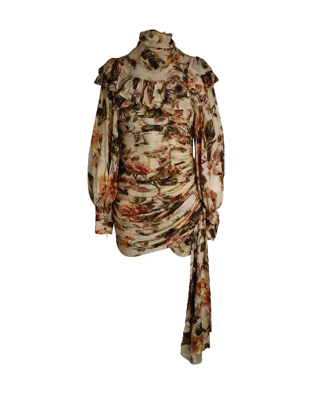 Luxury Women's Clothing Limited - Edition Drops Zimmermann Resistance Ruffled Ruched Floral Mini Dress in Multicolor Silk